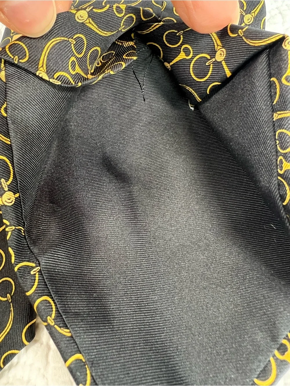 Vintage Hermès Silk Tie 643 TA Black Gold Horsebit Equestrian Scarf Print France